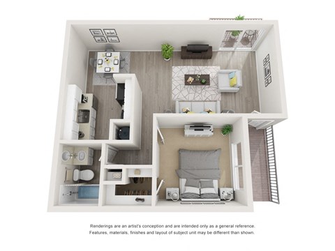 A 3D floor plan of a small apartment with a kitchen, living room, and bedroom. at Ascent on Pantano Apartments, Tucson, AZ